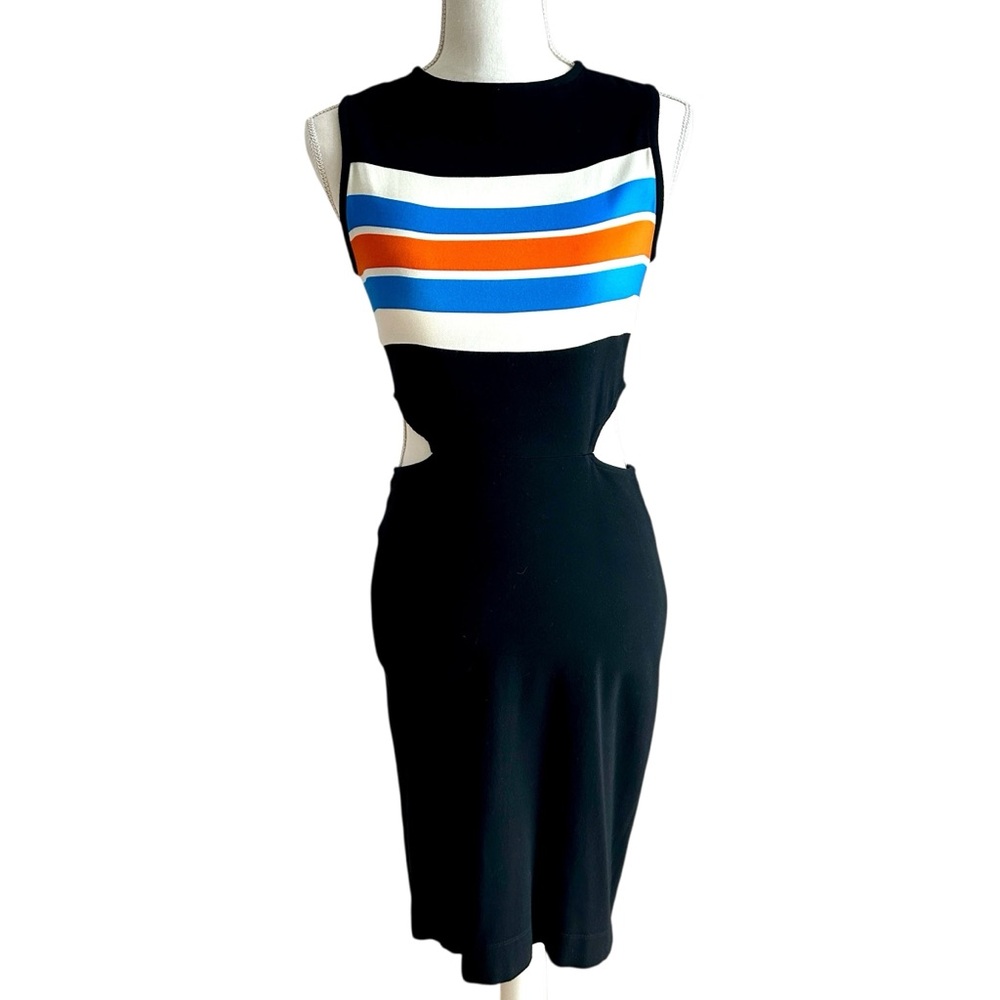 Tanya Taylor Black Cut Out Bodycon Midi Dress with Striped Bodice Size 8